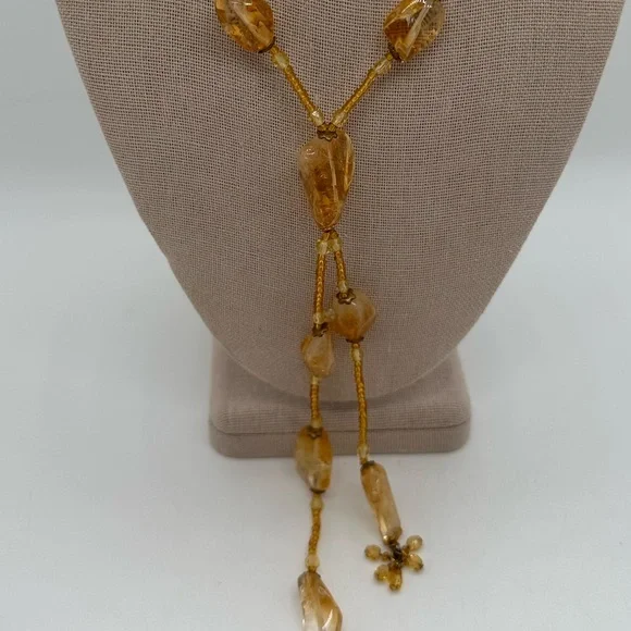 Vintage amber stone beaded dangle necklace - Picture 2 of 5